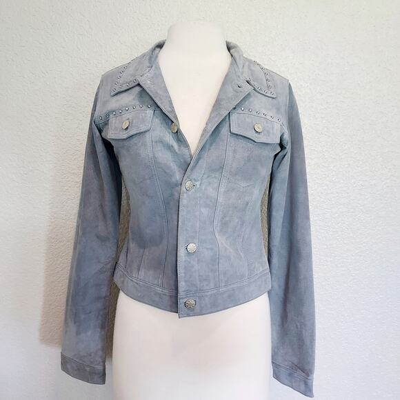 Lili Le Rose Baby Blue Suede Button Jacket Size M - Picture 1 of 13